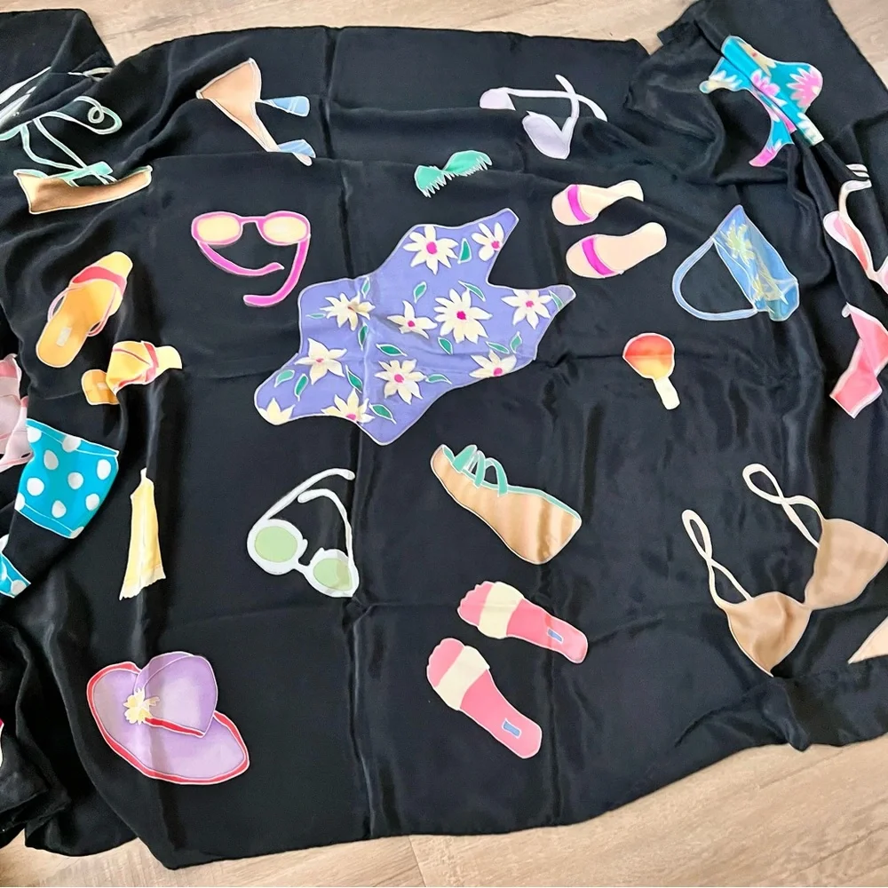 Huge Thick Silk Scarf Wrap Black With Beach‎ Theme - 70” X 38” - Vacation Party